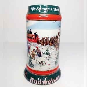 1991 Budweiser Holiday Beer Stein Mug Clydesdales Snow Scene Collectible Vintage